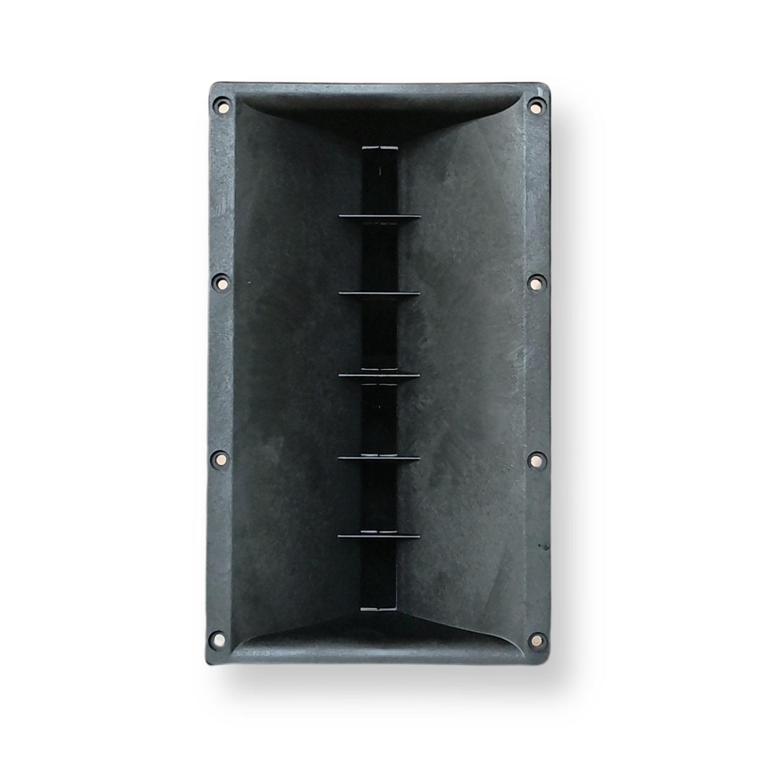 A black horn waveguide speaker component with slotted sections and bolt holes.