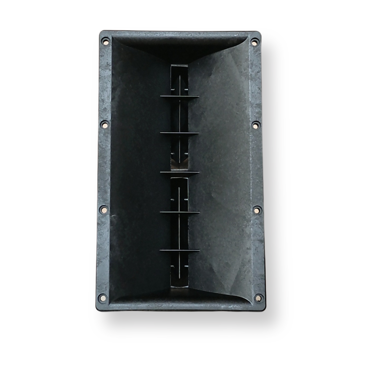 A black horn waveguide speaker component with multiple mounting holes, designed for professional audio setups.