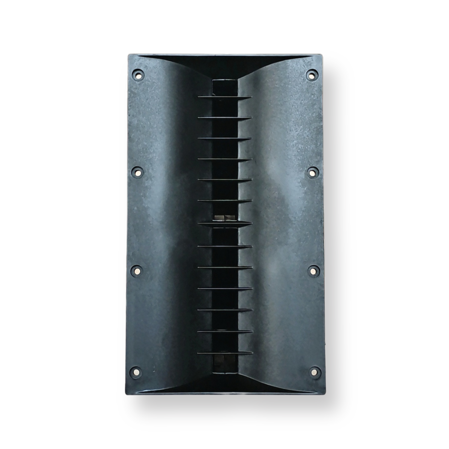 A black horn waveguide speaker component with slots and mounting points.