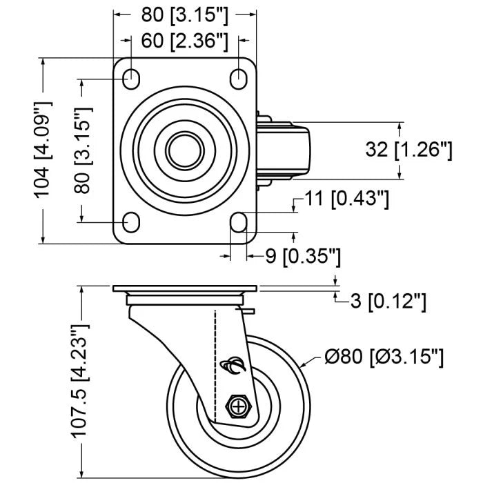 Penn Elcom Swivel Castor with Rubber Wheel (80mm / 100mm)