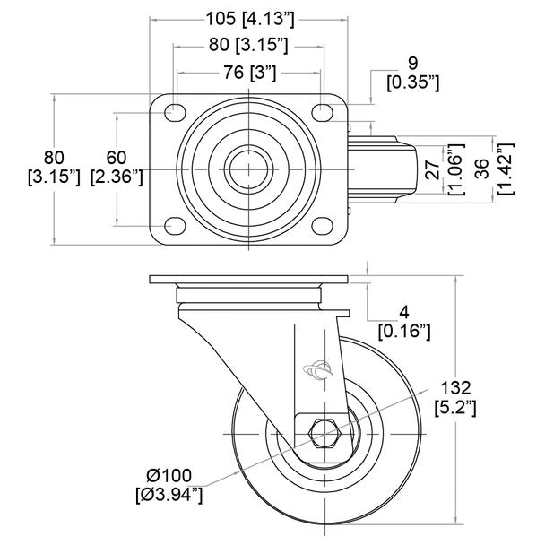 Penn Elcom Swivel Castor with Rubber Wheel (80mm / 100mm)