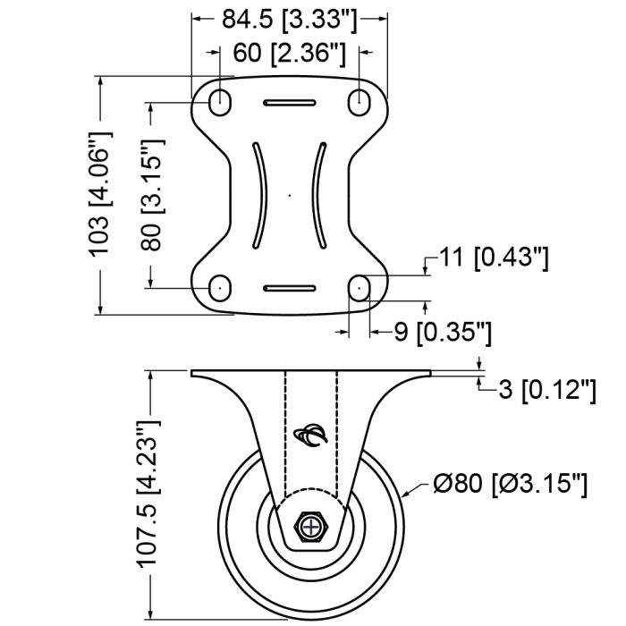 Penn Elcom Fixed Castor with Rubber Wheel (80mm / 100mm)