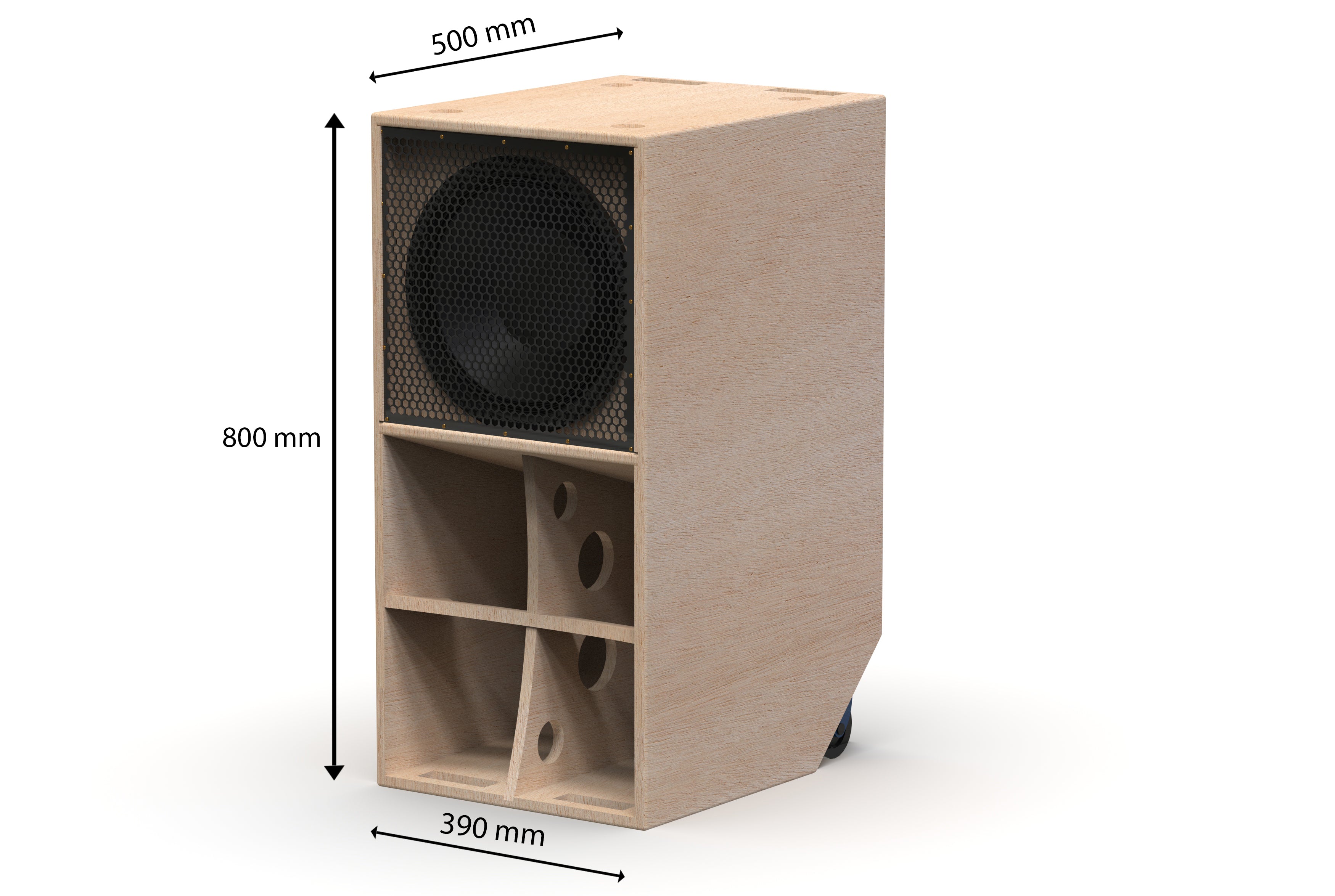 Faya Subwoofer 12 Inch in Raw Finish, Side View with Dimensions Displayed.