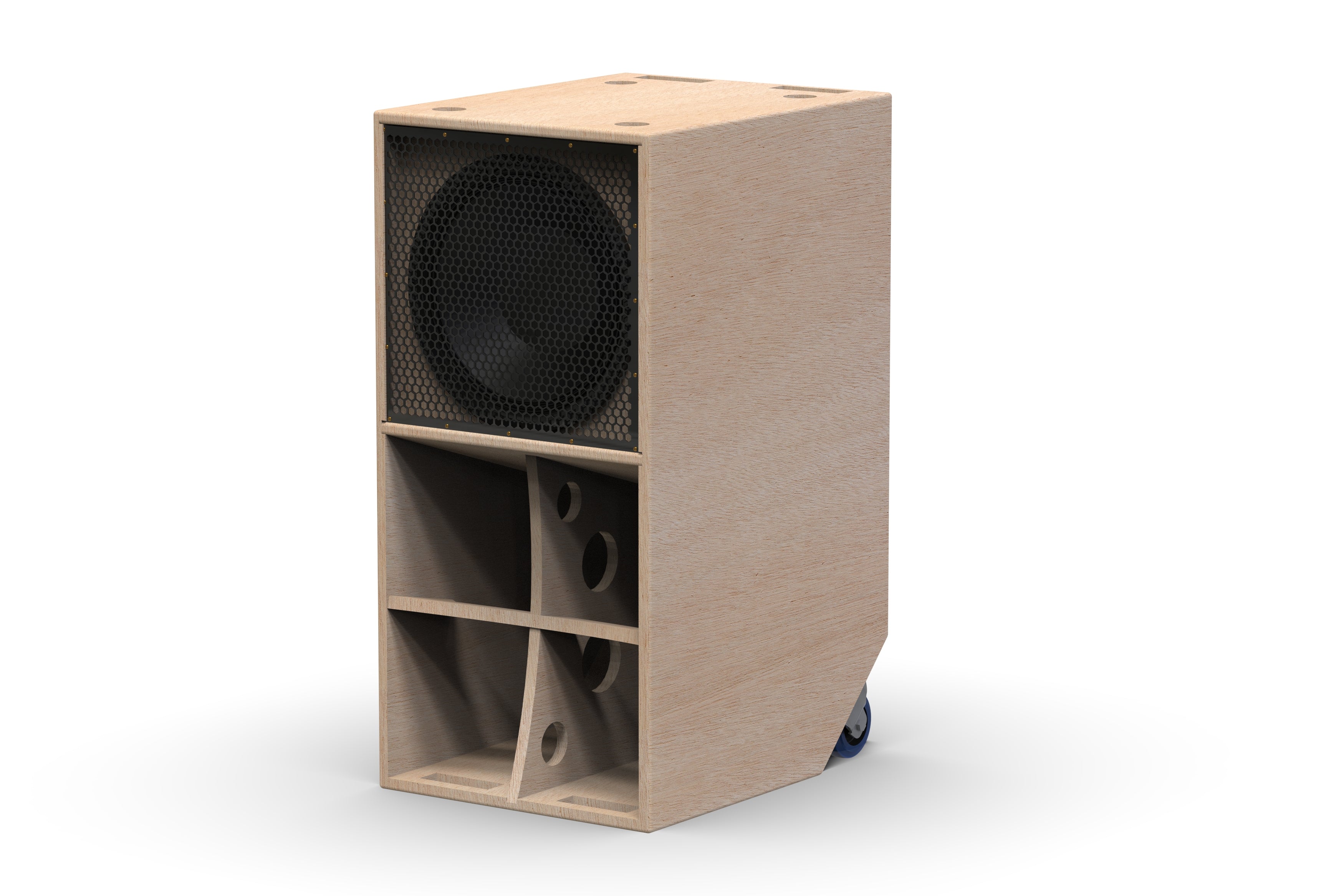 Faya Subwoofer 12 Inch in Raw Finish, Side View.