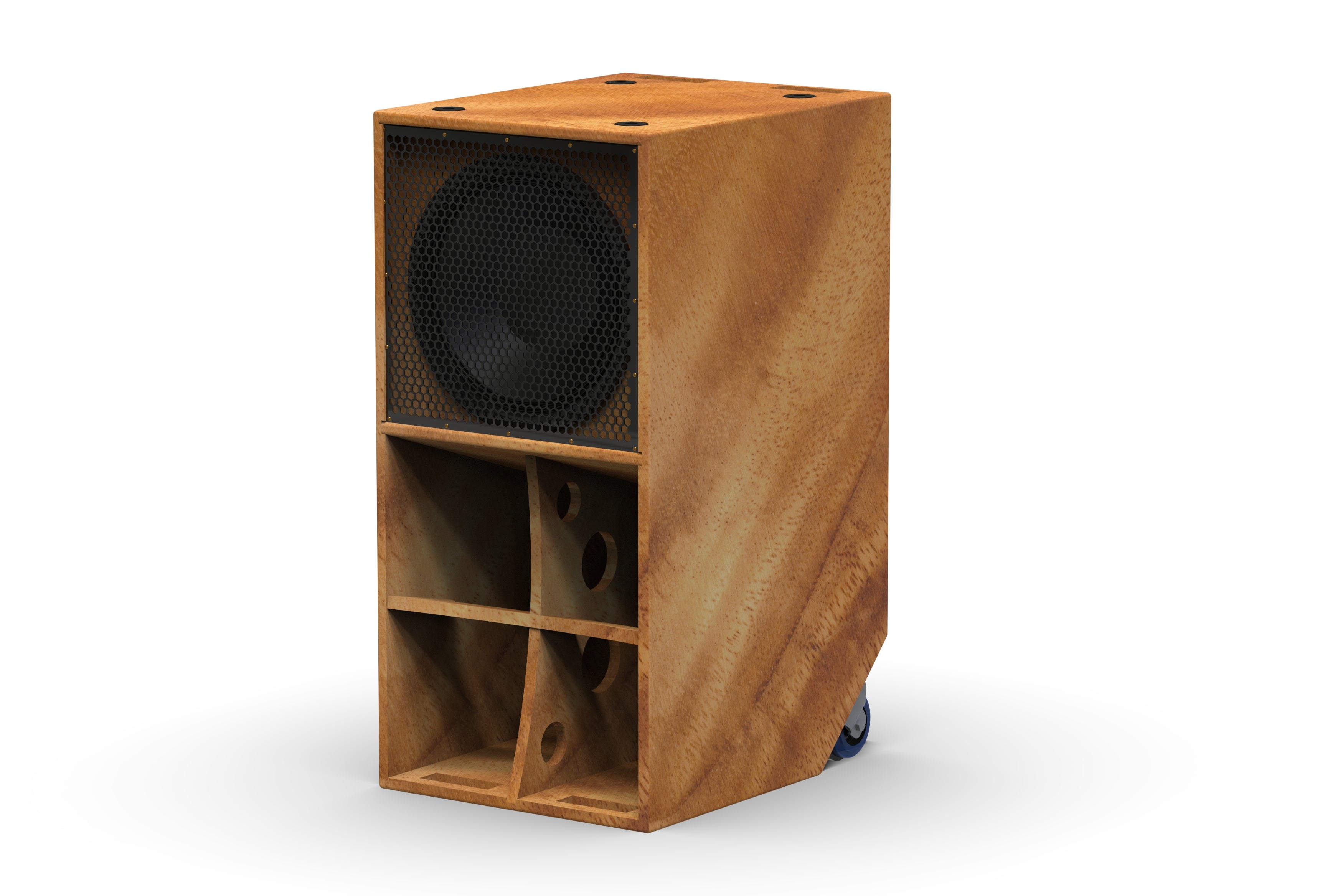 Faya Subwoofer 12 Inch in Vintage Oak Finish, Side View.